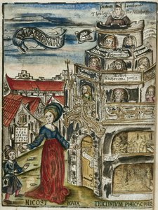 Las artes liberales, la gramática: Nicostrata (llamada Carmenta), sosteniendo un hornbook, manual para la enseñanza (aquí, un abecedario) y una llave, abriendo la puerta de la torre del aprendizaje a un niño