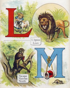 Letra L y M: cordero y león, macaco, manga y musette. Grabado en "ABC L