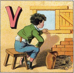 Letra V como vasistas. Niño curioso mirando por una ventana. Grabado en "Alphabet des petits ecoliers". Imágenes de Epinal, circa 1885. Colección Privada de Unbekannt