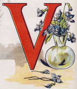 Letra V: jarrón con violetas. Grabado en "ABC L