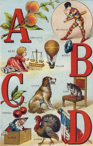 Letras A B C D; Albaricoques; Arlequín; Balanza; Globo; Bebé; Cerezas; Gato Silla; Perro; Manta; Diablo; Pavo; Bandera. Grabado en "Alphabet de ma petite fille". Bernardin-Bechet y Fils, libreros-editores, París, alrededor de 1895. Álbum inquebrantable sob de Unbekannt