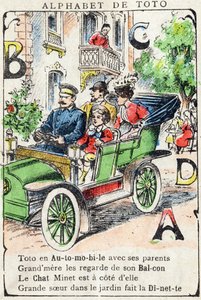 Letras A B C D Coche Balcón Gato Comidita. Grabado en "Alphabet de Toto", finales del siglo XIX. Imágenes de Pont-a-Mousson. Louis Vagne, impresor-editor. 12 páginas. Álbum publicitario que contiene un abecedario ilustrado y un método de lectura simplifica de Unbekannt