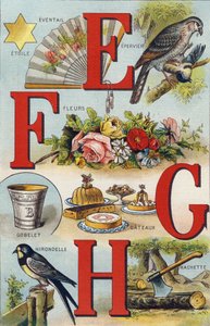 Letras E F G H; Golondrina; Abanico; Flores; Pasteles; Taza; Hachette; Golondrina. Grabado en "Alphabet de ma petite fille". Bernardin-Bechet y Fils, libreros-editores, París, alrededor de 1895. Álbum inquebrantable sobre lienzo. Bibliothèque des Bébés. 12 de Unbekannt