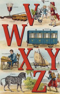 Letras V W X Y Z; Timón; Vagón; Xilografía; Yate; Cebra; Zuavo. Grabado en "Alphabet de ma petite fille". Bernardin-Bechet y Fils, libreros-editores, París, alrededor de 1895. Álbum irrompible sobre lienzo. Bibliothèque des Bébés. 12 páginas. Álbum que con