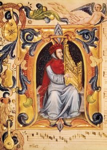 Letra capital con un hombre y un órgano comenzando una partitura del Codex Squarcialupi (por Antonio Squarcialupi) de Unbekannt