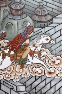 Vida de Buda Siddhartha escapó de su palacio, acompañado por Channa a bordo de su caballo Kanthaka, Seúl, Corea del Sur de Unbekannt
