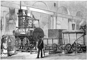 Locomotion, la primera locomotora de vapor, en el Jubileo del Ferrocarril, Darlington, Durham, siglo XIX de Unbekannt
