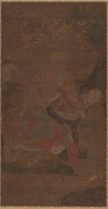 Luohan sosteniendo un abanico, con asistente, siglo XIV