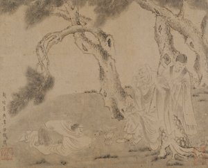 Luohan, asistente y adorador bajo pinos, dinastía Yuan o Ming, 1279-1644 de Unbekannt