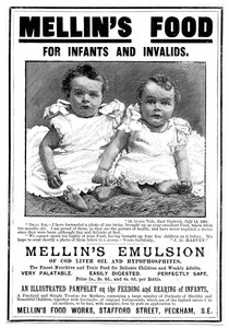 Anuncio de revista para Mellins Emulsion, un suplemento alimenticio basado en aceite de hígado de bacalao, c1890