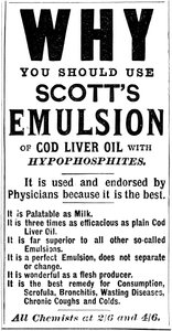 Anuncio de revista para la emulsión de aceite de hígado de bacalao de Scott, 1890