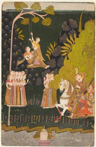 Maharajá Abhai Singh, Ecuestre, Observando a las Chicas Balancearse en el Festival Teej, c. 1740 de Unbekannt