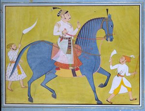 Maharajá Pratap Singh de Sawar montando, con dos asistentes a pie, c1700 de Unbekannt