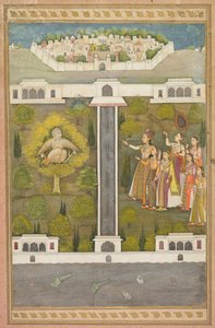 Mahliqa, hija del emperador de China, señalando al hombre-pájaro Khwaja Mubarak...verso, c. 171 de Unbekannt