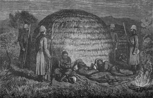El mayor Marter y sus hombres custodiando a Cetewayo en el kraal nativo, c1880