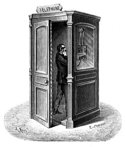 Haciendo una llamada desde una cabina telefónica, 1888 de Unbekannt