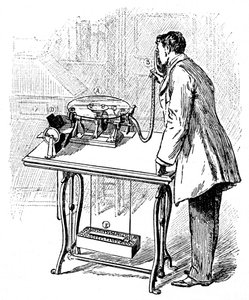 Haciendo grabaciones en el gramófono de Emile Berliner, c1887 de Unbekannt