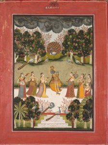 Malar Ragini: Krishna Tocando la Flauta a Siete Gopis con Instrumentos Musicales..., c. 1760 de Unbekannt
