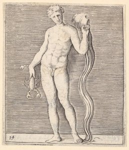 Hombre con cangrejo de río y urna de agua, publicado ca. 1599-1622 de Unbekannt