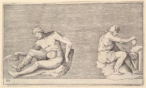Hombre con ala, hombre con jarrón y perro, publicado ca. 1599-1622