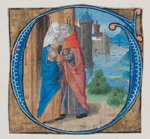 Iluminación de manuscrito con Joaquín y Ana en una inicial G con Joaquín y Ana..., siglo XV de Unbekannt
