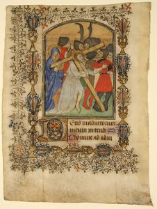 Hoja de manuscrito de un libro de horas... Inicial iluminada D y Cristo llevando la cruz, 1390-140 de Unbekannt