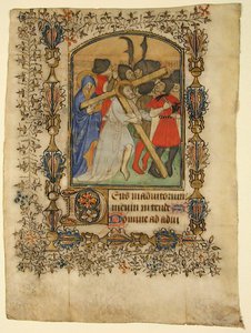 Hoja de manuscrito de un libro de horas mostrando una inicial iluminada D y Cristo, 1390-1400 de Unbekannt