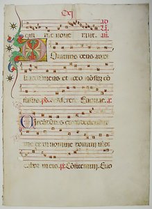Hoja de manuscrito con inicial D, de un antifonario