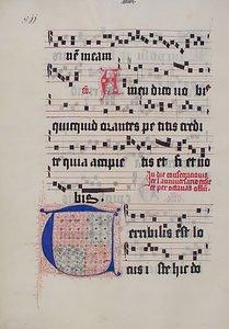 Hoja de manuscrito con inicial T, de un Gradual, alemán, segundo cuarto del siglo XV de Unbekannt