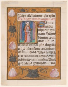 Hoja de manuscrito con San Santiago el Mayor, de un Libro de Horas, ca. 1500
