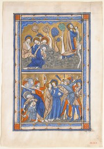 Hoja de manuscrito con la agonía en el jardín y la traición de Cristo, de un Salterio Real de Unbekannt