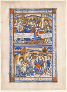 Hoja de manuscrito con la Última Cena y el Lavado de los Pies de los Apóstoles