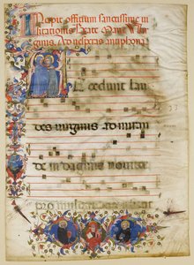 Hoja de manuscrito con la Visitación en una Inicial A y el Cardenal Adam Easton, italiano, ca. 1400