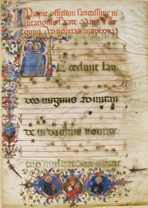 Hoja de Manuscrito con la Visitación en una Inicial A y el Cardenal Adam Easton..., ca. 1400 de Unbekannt