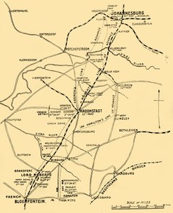 Mapa que muestra las líneas de avance de Bloemfontein a Pretoria, 1901 de Unbekannt