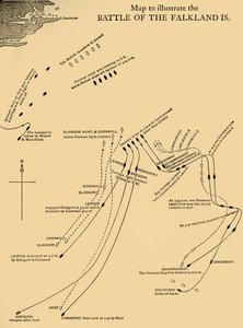 Mapa que ilustra la Batalla de las Islas Malvinas el 8 de diciembre de 1914, c1920 de Unbekannt