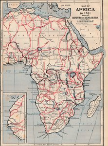 Mapa de África en 1891 mostrando rutas de exploradores de Unbekannt