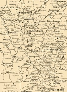 Mapa que muestra la frontera entre Francia y Alemania, Primera Guerra Mundial, c1915, c1920 de Unbekannt