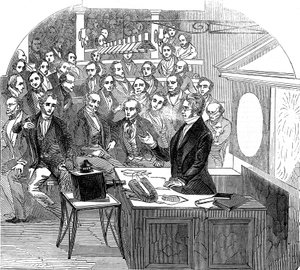 Michael Faraday dando una conferencia sobre electricidad y magnetismo, Royal Institution, Londres, 1846