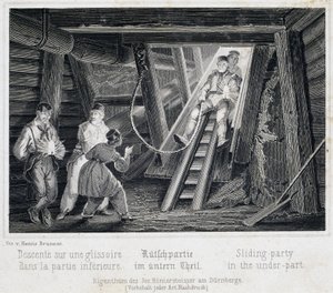 Mina de sal: Visitante deslizándose por un tobogán que lleva a los subterráneos, en Durrnberg, Austria de Unbekannt