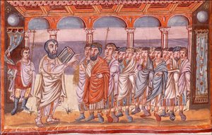 Moisés recibiendo las tablas de la ley Miniatura de la Biblia de Moutier-Grandval, ca 830-ca 840