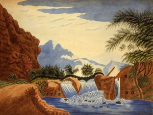 Escena de montaña y rueda de agua, ca. 1820-1870