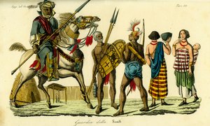 Guardia montada del jeque de Bornu junto con lancero Kanembu y arquero Munga, Imperio Kanem-Bornu de Unbekannt