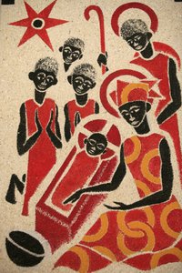 Natividad, fresco de la iglesia de la abadía de Keur Moussa, diseñado y pintado en 1963 por Dom Georges Saget, Keur Moussa, Senegal