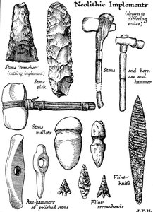 Implementos neolíticos de piedra, pedernal y cuerno, c. 1890