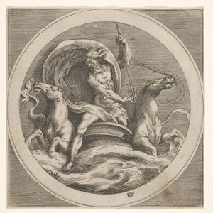 Neptuno emergiendo del mar y portando un bastón, acompañado por dos caballos con cabeza de..., ca. 1550-1600