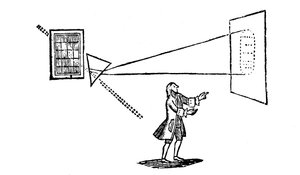 Experimento de Newton dividiendo la luz blanca en los colores del espectro por un prisma, 1757