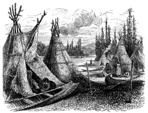 Asentamiento de indios Cree norteamericanos en verano