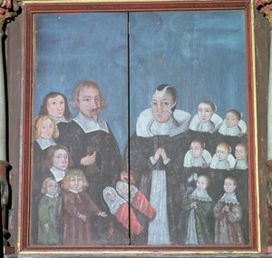Pintura noruega mostrando una familia con catorce hijos, siglo XVII