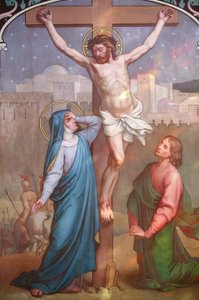 Pintura de la catedral de Notre Dame de París: Jesús en la cruz mirando a María, París, Francia de Unbekannt
